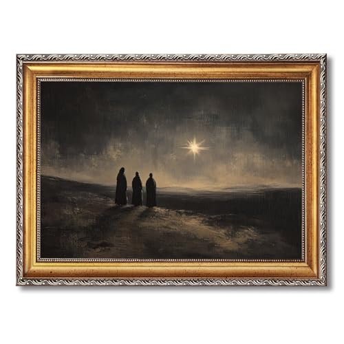 KJMVSEW Three Wise Men Star of Bethlehem Christian Wall Art Canvas Print Biblical Nativity Journey Poster Religious Painting Faith Based Decor for Living Room Prayer Room 12x16inch Retro Gold Frame