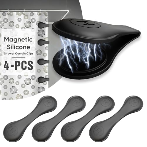 4 Pack Magnetic Silicone Shower Curtain Clips for Keeping Liner Closed to Wall Against Water Splashing Out, Self Adhesive Windproof Splash Holder, Easy to Use & Install, No Damage to Surface (Black)