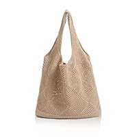 FAINCA Strandtasche Umhängetasche Damen, 32x32cm Häkeltasche, Hohlweben Strandtasche Damen, Teenager und Mädchen Gestrickte Tasche, Tote Bag für Einkaufen Urlaub Reise (Khaki)