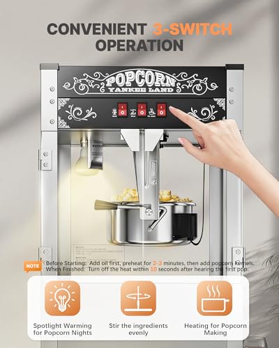 Image of 16 Oz Commercial Popcorn Machine, Movie Theater Popcorn Machine, Black Tabletop Pop Corn Machine with 3-Switch Control & Steel Frame Tempered Glass Doors