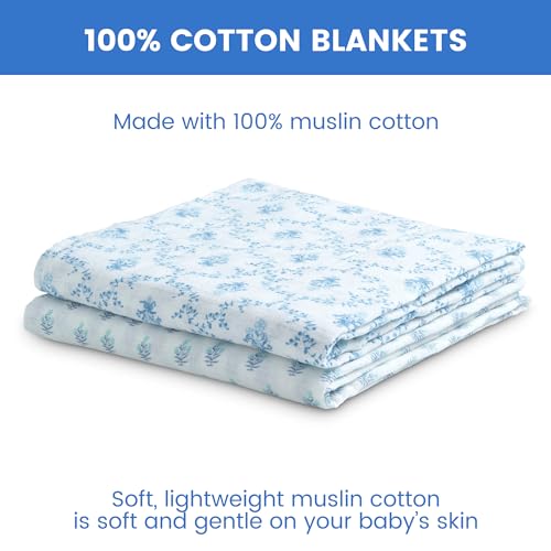 Image of Delta Children 100% Cotton Muslin Baby Receiving Blankets for Girls and Boys - 47x47 Inches (Pack of 2), Blue Botanicals