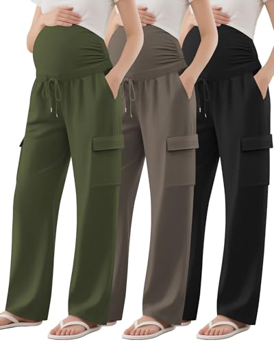 Sweetyweee 3 Pack Women's Maternity Cargo Pants with 4 Pockets,