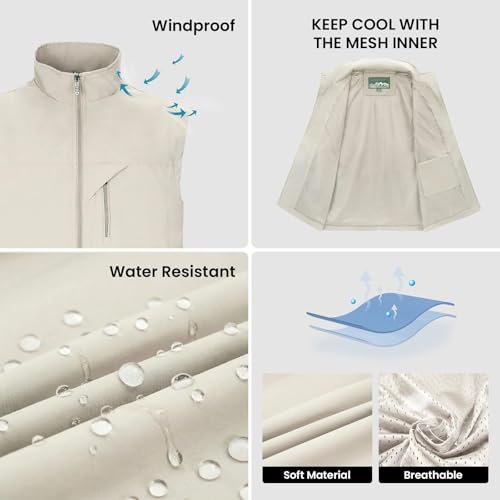 Image of Mens Vests Outerwear Windproof Lightweight Softshell Sleeveless Jacket | Breathable Zip Up Multi-Pockets Quick Dry Sports Vest for Golf Hiking Fishing Running