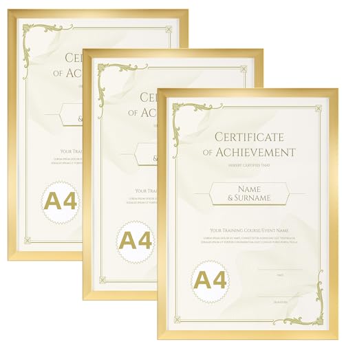 Hoikwo 3 Stück Bilderrahmen A4 - Gold Fotorahmen für Wand oder Tisch, Rahmen für 21x29,7 cm Fotos, Dokumente, Zertifikate