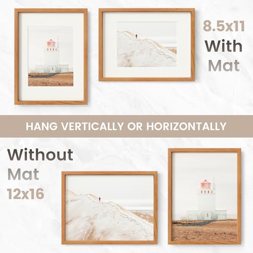 Image of 12x16 Picture Frame, USA-Sourced Natural Cherry Wood Photo Collage Frame with HD Tempered Glass, Modern Simple 12 x 16 Wooden Frame Matted to 8.5x11, Vertical & Horizontal Wall Hanging Display