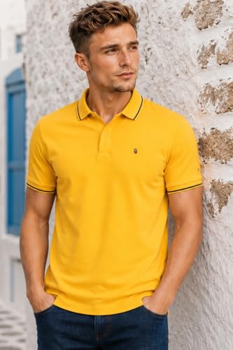 Image of Louis Philippe Men's Slim Fit Single-Tuck Pique Stylized Sleeve Print and Contrast Tipping Half Sleeve Solid Polo Tshirt