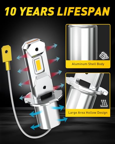 Image of AUXITO H3 LED Bulb Yellow 3000K, 16,000LM 600% Super Brighter, 10 Years Lifespan, 1:1 Size Plug-n-Play, 100% Perfect Installation, H3 LED Fog Lighr Bulb for Fog Lamp, DRL, Canbus Ready, Pack of 2