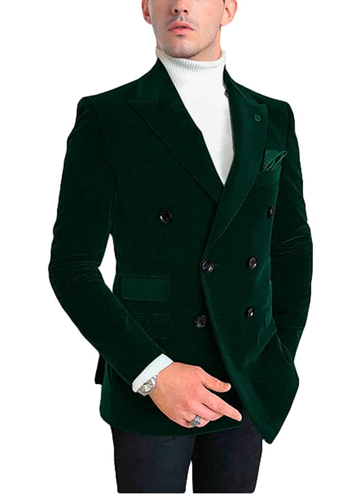 Men's Double Breasted Velvet Blazer Notch Lapel Tuxedos Jacket Wedding Party Coat Casual Wear Dark Green 38 Chest / 32 Waist