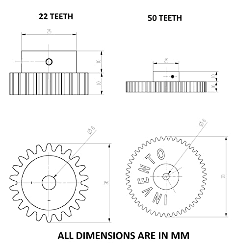Image of INVENTO 1pcs 3D Printed Plastic Spur Gear 22 Teeth + 50 Teeth, 1.5 Module, 10mm Width, 6mm hole for DIY Projects