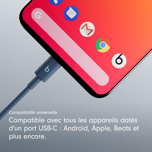 Beats USB-C vers USB-C Câble tissé, charge rapide, durable/anti-nœuds, chargeur compatible pour les appareils Apple et Android (1,5 m) - Bleu nitro