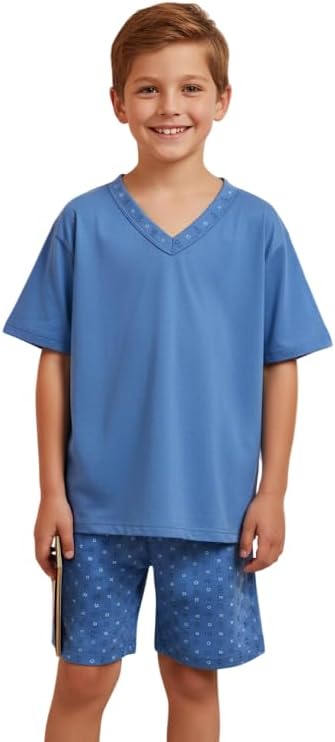 Pijama Masculino Infanto Juvenil Gola V Manga Curta Conjunto Menino Criança Macio Dormir Verão