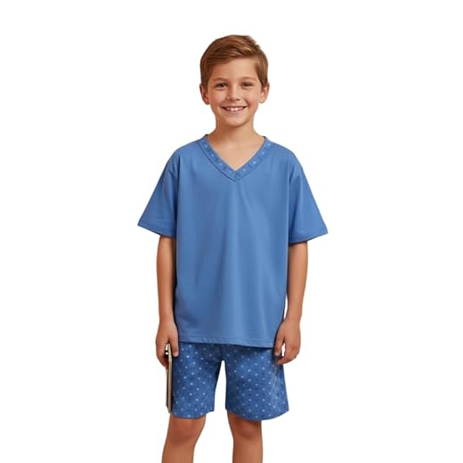 Pijama Masculino Infanto Juvenil Gola V Manga Curta Conjunto Menino Criança Macio Dormir Verão (Azul, 10)