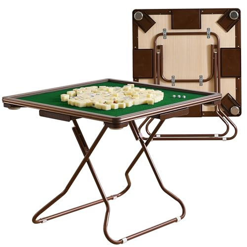 Mahjong Table Foldable, 4-Player Card Game Table with Green Felt and Cup Holders, Mahjong Table for Playing Mahjong, Pokers, Dominoes, Jigsaw Puzzles, Board Game