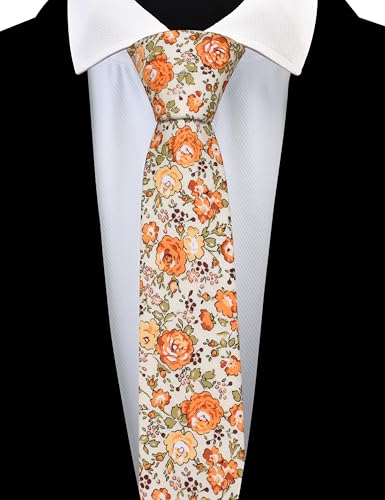Image of GUSLESON Fashion 2.4 inch(6cm) Floral Skinny Tie for Men Slim Flower Print Cotton Necktie for Wedding Party