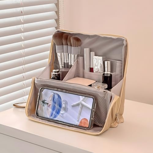 Makeup Bag,Standing Makeup Bag – Portable,Large Capacity Multi-purpose Large Capacity Oxford Cloth Standing Makeupbag Portable, Aterproof,Compartments and Handle (Purple)4