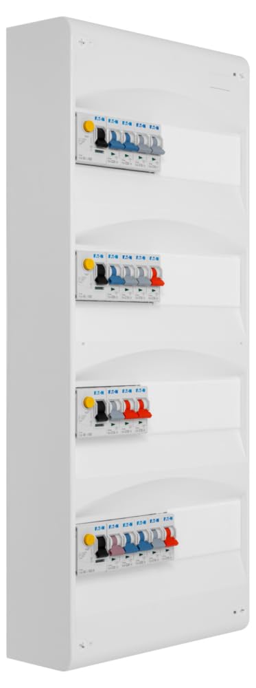 Cuadro preequipado Eaton de 4 filas con 4 interruptores diferenciales y 16 disyuntores para el hogar