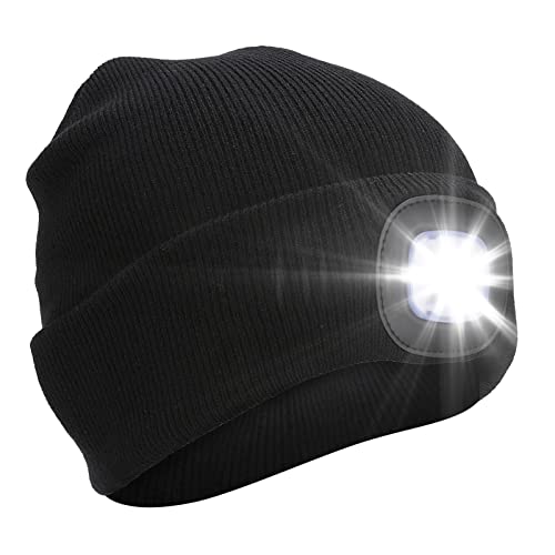 Brynnl Bonnet Unisexe à LED, 3 Modes de lumière Blanche Bonnet de Course Rechargeable par USB Hiver Chaud et Brillant Bonnet à 4 LED avec lumière pour la randonnée, Le Camping de Nuit (Noir) Cover