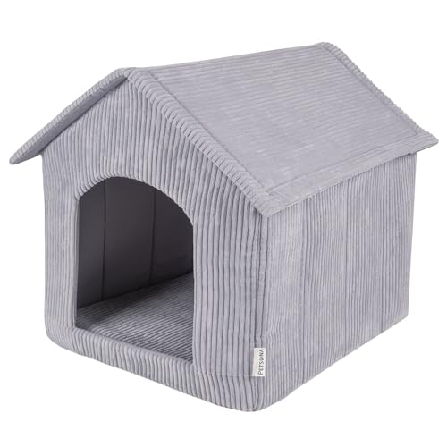 Petsona Hundehütte Rippenstrickstoff Waschbarer Bezug Reißverschlussdach, Dunkelgrau,XXL
