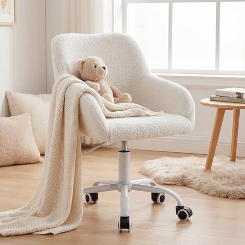LukeAlon Kids Swivel Sherpa Desk Chair, Cloud-Like Soft Upholstered Toddler Chair with Adjustable Height, Cute Ergonomic Kids Vanity Chair for Bedroom, Study, Reading Nook, White