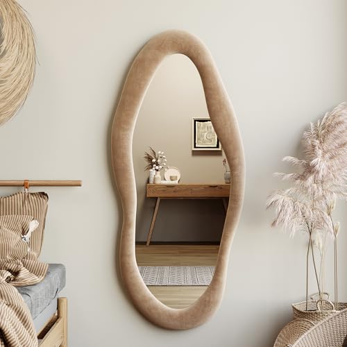 Honyee 55" x 24" Wall Mirror, Flannel Wrapped Wooden Frame Wavy Mirror, Irregular Mirror Hanging for Cloakroom/Bedroom/Living Room, Milk Tea - Image 3