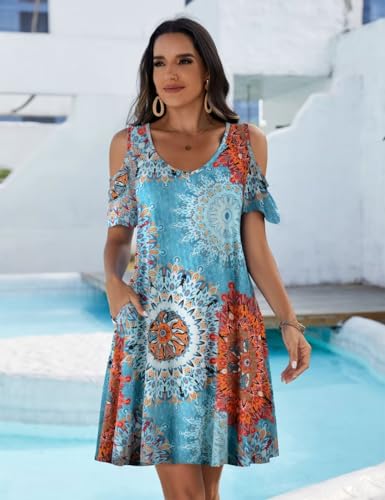 Image of JollieLovin Womens Plus Size Short Sleeve Cold Shoulder V Neck T-Shirt Dress with Pockets