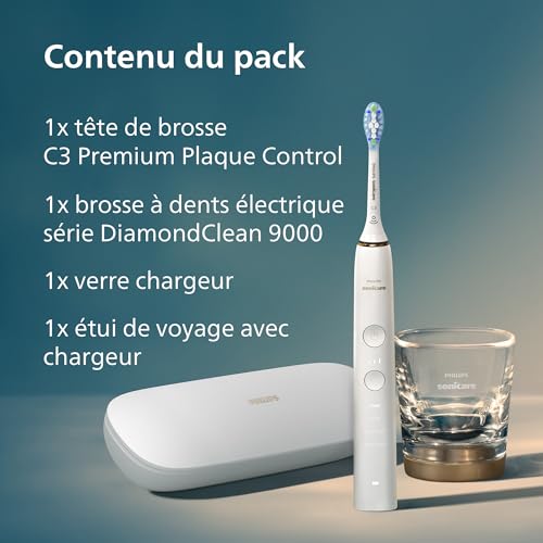 Philips Sonicare DiamondClean 9000 - Brosse à dents électrique, 4 modes de brossage, 3 niveaux d'intensité, Capteur de pression, Connecté à l’application, étui de voyage USB, or rose, HX9911/94
