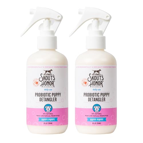 Skout's Honor Probiotic Pet Detangler Spray- Hydrating & Conditioning w/Avocado Oil, 97% Natural, Paraben & Sulfate-Free, softens for a More brushable Coat, Daily Use, 8oz, Happy Puppy, 2-Pack