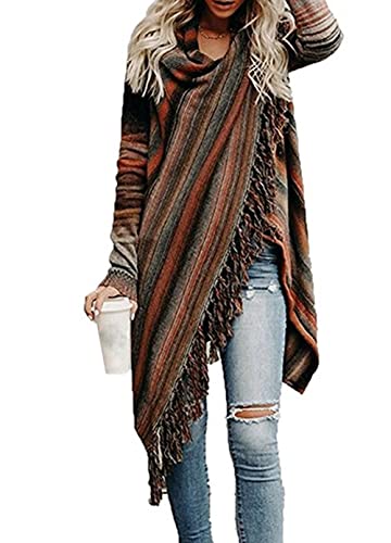 Women's Open Front Knited Tassels Slash Loose Cardigan Crew Neck Speckled Fringe Sweater Outwear4