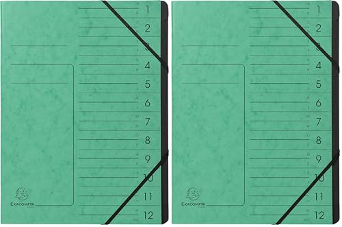 Exacompta 541203E Premium Ordnungsmappe geheftet. Aus extra starkem Colorspan-Karton DIN A4 12 schwarze Fächer und 2 Gummizüge mit Organisationsdruck Ringmappe Register-Mappe grün (Packung mit 2)