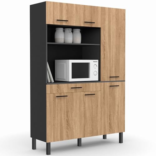 IDMarket - Buffet de cuisine avec colonne de rangement 120 CM CINA 6 portes + tiroir noir et façon hêtre
