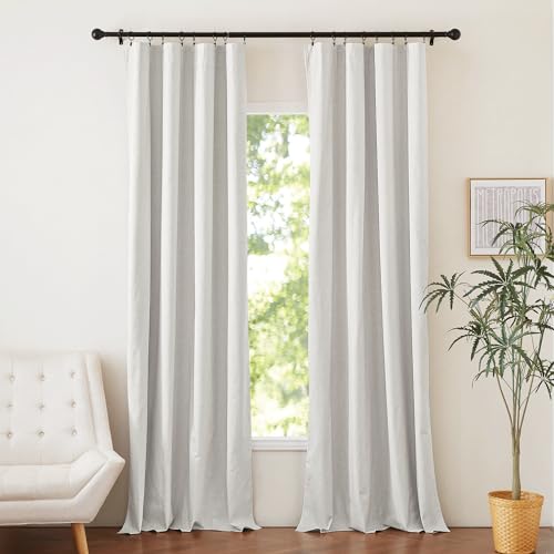 NICETOWN 100% Blackout Linen Curtains 120 inch Length with Thermal Insulated White Liner, Off White, W52, 2 Pieces, Noise Reducing Textured Linen Look Windows Drapes for Classroom, Penthouse, Loft