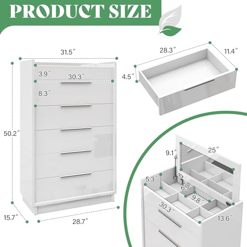 Image of AMERLIFE 50.2 inch H 5-Drawer Dresser for Bedroom with Built-in Mirror & Glass Tabletop, High Gloss Bedroom Storage Organizer & Closet, Modern Chest of Drawers, White