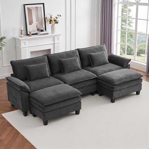 Image of IPKIG 117 inch Modular Cloud Couch with Storage, U Shaped Sectional Sofa with Ottoman & Pillow, Velvet Deep Seat Sectional Couches for Living Room, Apartment, Dark Grey