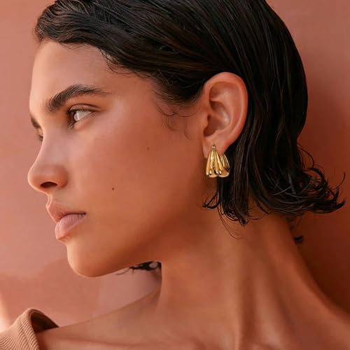 Gold Hoop Earrings for Women 18K Gold Plated Stainless Steel Trendy Teardrop Earrings Hypoallergenic Pull Through Hoops Elegant Gift Jewelry3