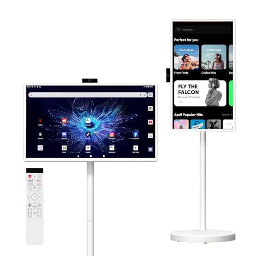 32 Inch Smart Portable TV, FHD Touch Screen Rolling Monitor on Wheels, Android 15 8GB +128GB, Wireless Tablet Display with Camera, 20W Speaker, EDLA-Certified 38,400 mAh Battery Voice Airmouse Remote