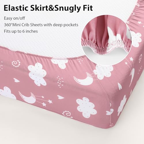 Baby Mini Crib Sheets Girl, Portable 38”x26” Pack and Play Sheets Fitted for Playard and Pack N Play Mattress, 3-Pack Soft Microfiber Pink Stars