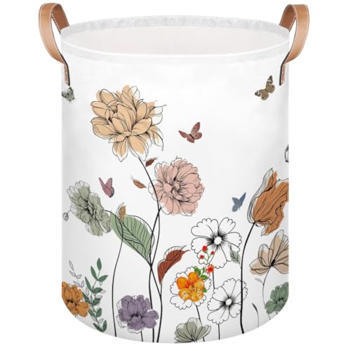 lakefvgk Laundry Basket, Simple Wildflower Floral Laundry Hamper with Handle, Dirty Clothes Hamper for Bedroom Living Room, Baby Hamper for Nursery