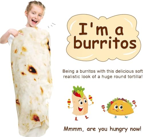 Image of Burrito Tortilla Blanket White Elephant Gifts for Kids Stuff Useful Adults Teenagers Throw Blankets Wrap Boy Girl Party Novelty Gag Pets Soft Fleece 61in