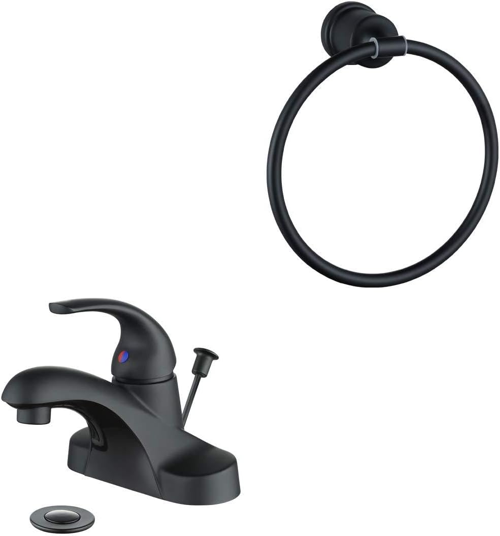 WOWOW Bathroom Hand Towel Ring Wall Mounted Towel Holder and Black Bathroom Faucet Centerset with Lift Rod Drain