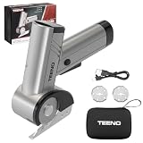 Forbici elettriche senza fili TEENO 4.2V– schermo LED, 2 lame, sicurezza bambini – taglia tessuto, cuoio, cartone borsa + cavo USB, Grigio