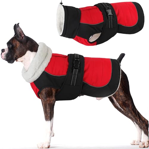 Dogcheer Dog Coat, Christmas Dog Jacket, Waterproof Turtleneck Puppy Winter Coat, Adjustable Pet Puffer Jacket, Reflective Warm Fleece Coats for Small Medium Large Dogs - Red, XL