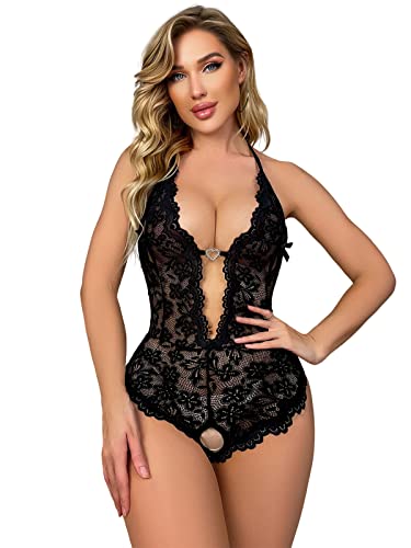 allribelly Women's Lace Bodysuit Sexy Teddy Lingerie Deep V Floral One Piece Babydoll Lingerie