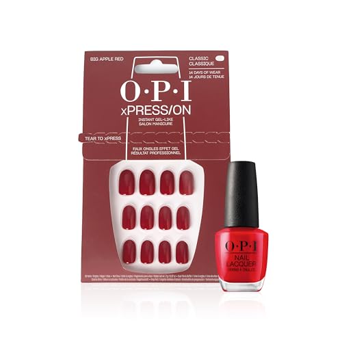 OPI xPRESS/ON Uñas artificiales reutilizables con hasta 14 días de uso + Esmalte de uñas Nail Lacquer hasta 7 días de duración - Tono Big Apple Red - Rojo (15ml)