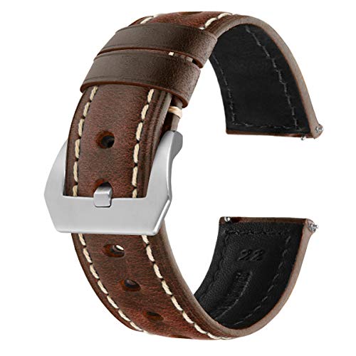Moonooda Genuine Leather Watch Band Men Quick Release Watch Strap Elastic Top Grain Leather Watch Bands 18mm 20mm 22mm High Tension Oilwax Cow Women Calfskin Strap, Coffee(22mm)