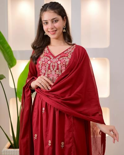 Image of KLOSIA Women Embroidery Solid Anarkali Kurta and Pant Set with Dupatta