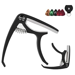Quick- Capo for Acoustic and Electric Guitars – Single Handed Capo | with 5 Picks and 1 Leather Pick Holder, for 6-String Acoustic & Electric Guitar, Ukulele, Bass, Banjo, 93 x 73 Dewu