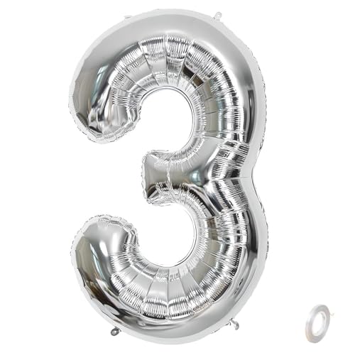 Balorise 40 Pouces Aluminium Ballon Géant Argenté Chiffre 3, Gonflable Hélium, Grand Numéro 0-9, 10-100 (101cm), Décoration de Foil Ballons pour Fête...