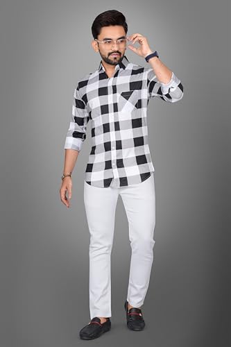 Image of Voroxy Men's Casual Checks Shirt with Pockets Cotton Blend Stylish Branded Checkered Pattern Formal Shirt & Regular Fit Full Sleeves and Spread Collar Style