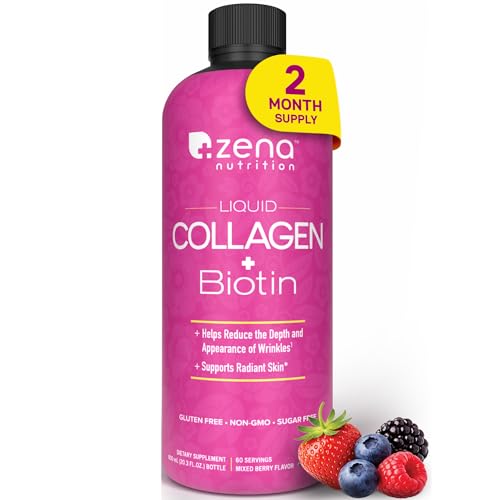 Zena Nutrition Liquid Collagen for Women & Men (Type 1 & 3) & 5000mcg Biotin, 2500mg Verisol Bioactive Collagen Peptides, Hair, Skin, Nail Supplement, Mixed Berry Colageno, 60 Servings, 20.3 fl oz