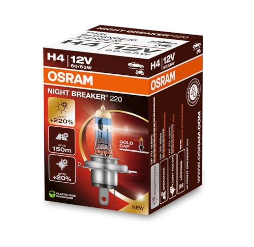 Osram NIGHT BREAKER 220, H4, 220% mehr Helligkeit, Halogen-Scheinwerferlampe, 64193NB220, Faltschachtel (1 Lampe)